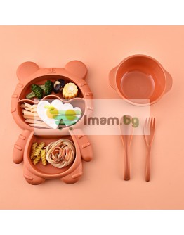 Комплект детски прибори за хранене, с анимационен тигър, тава за храна, купа за супа, вилица и лъжица